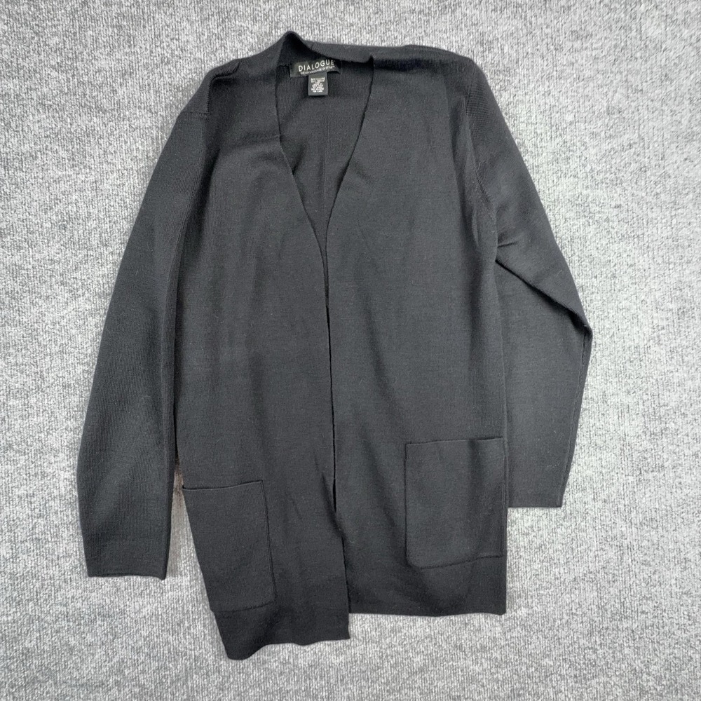 Dialogue Cardigan Sweater Womens Medium Black Open Front Pockets Long Sleeve